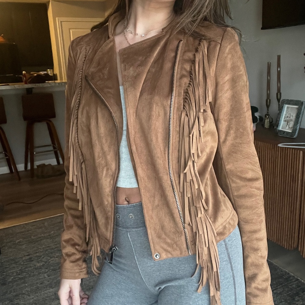 Black Rivet Tan Leather Jacket with Fringe - Picture 5 of 7